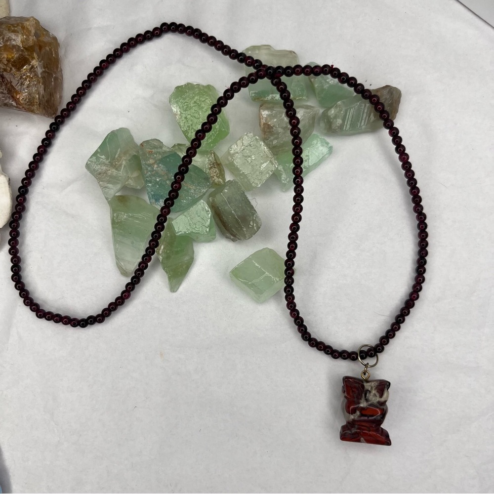 Garnet Beaded Necklace with Red Jasper Owl Pendant
